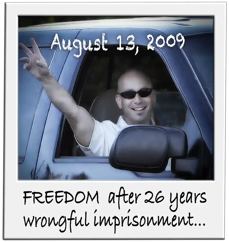 Bruce Lisker leaving prison following the overturning of his conviction, August 13, 2009 — This is FREEDOM after 26 years wrongful imprisonment.